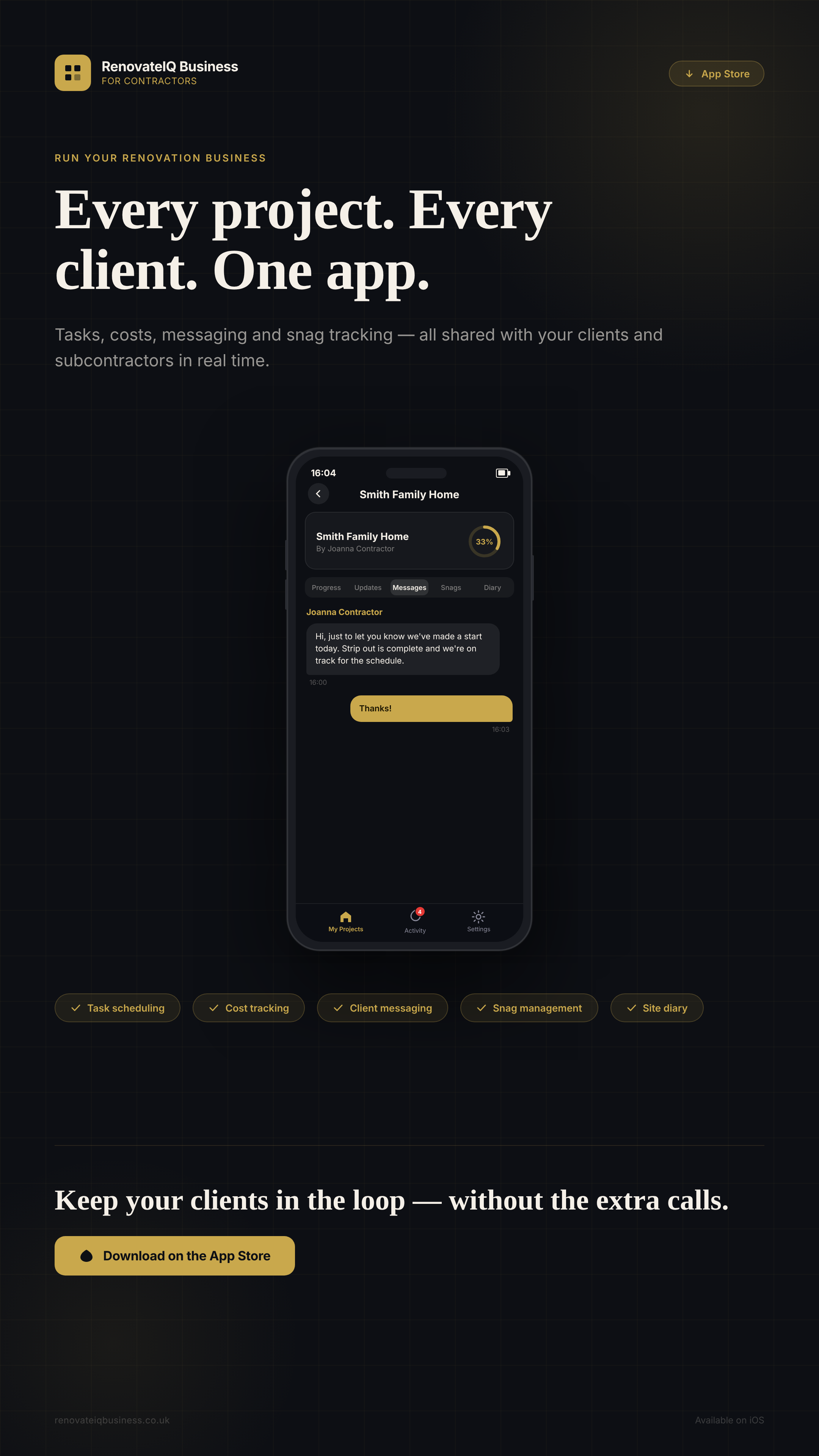 RenovateIQ Business — project overview with client messaging
